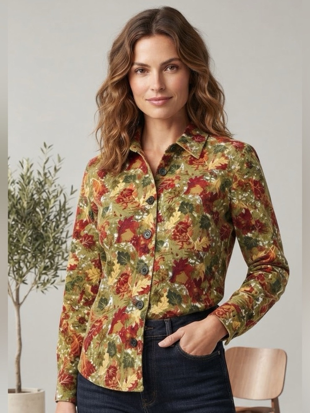 Breckenridge Petite Autumn Fall Leaf Corduroy Button Down 100% Cotton Shirt PL